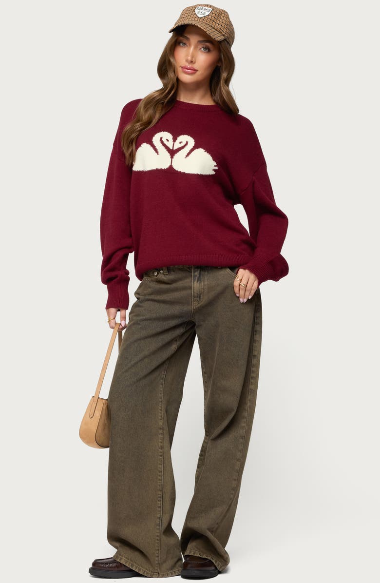 EDIKTED Swan Intarsia Oversize Sweater, Alternate, color, Burgundy
