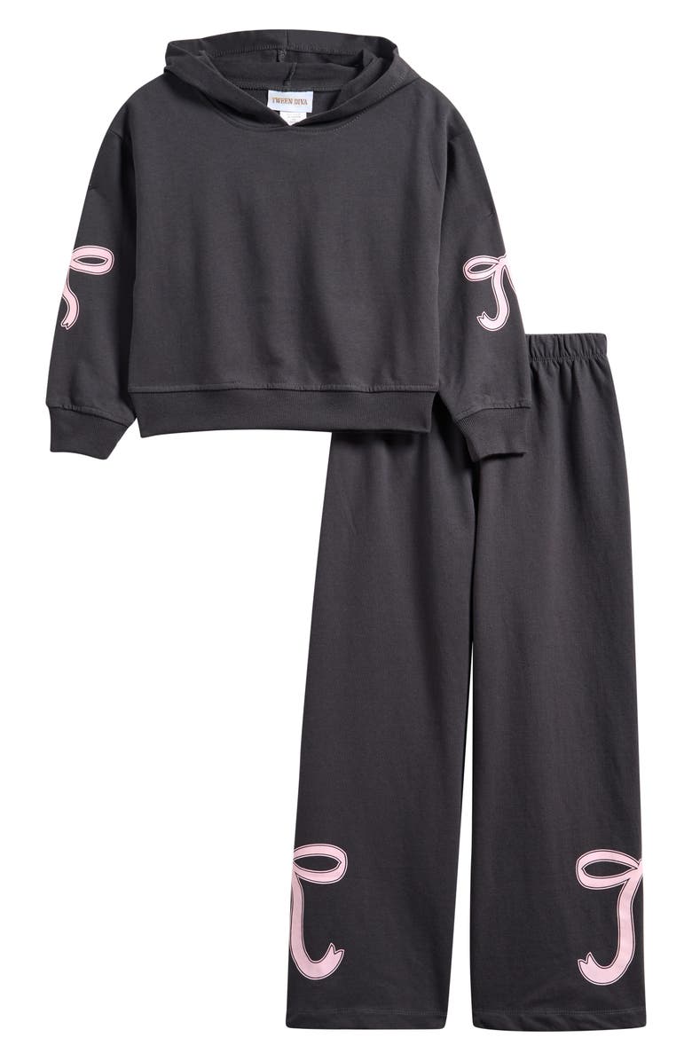 Tween Diva Kids' Bow Hoodie & Sweatpants Set, Main, color, Charcoal