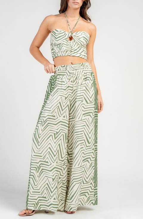 Printed Two-Piece Halter Top and Wide Leg Pants Set