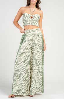 Printed Two-Piece Halter Top and Wide Leg Pants Set