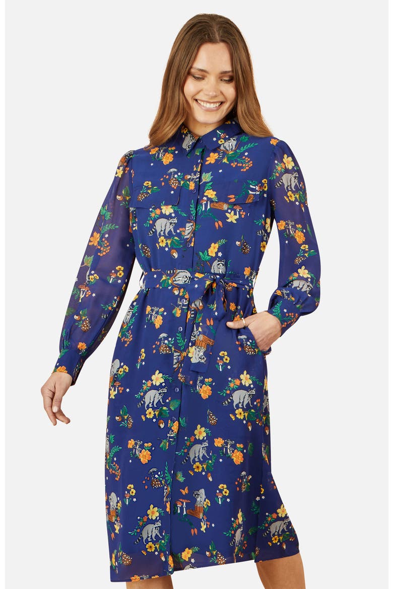 Raccoon Print Shirt Midi Dress, Alternate, color, Navy