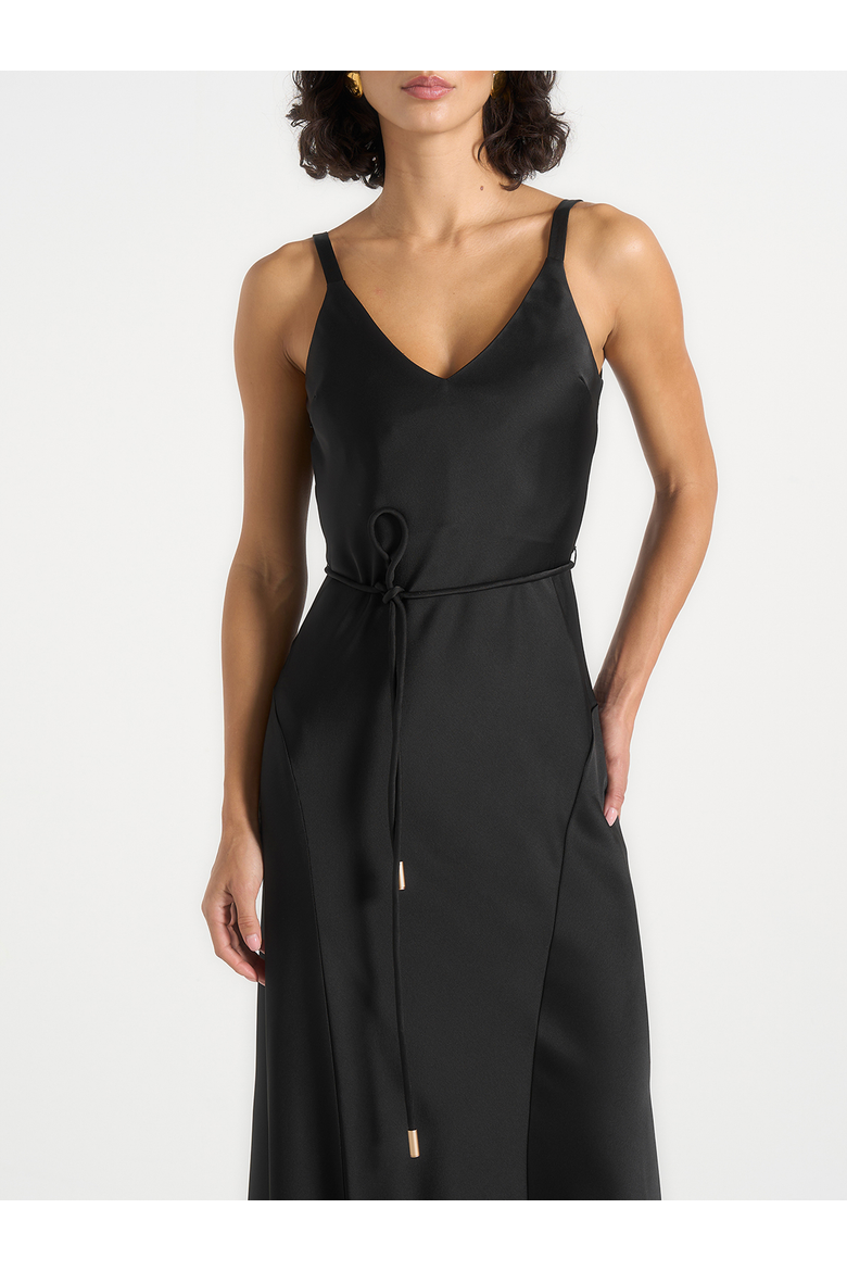 Saffron Satin Belted Maxi Dress, Alternate, color, Black