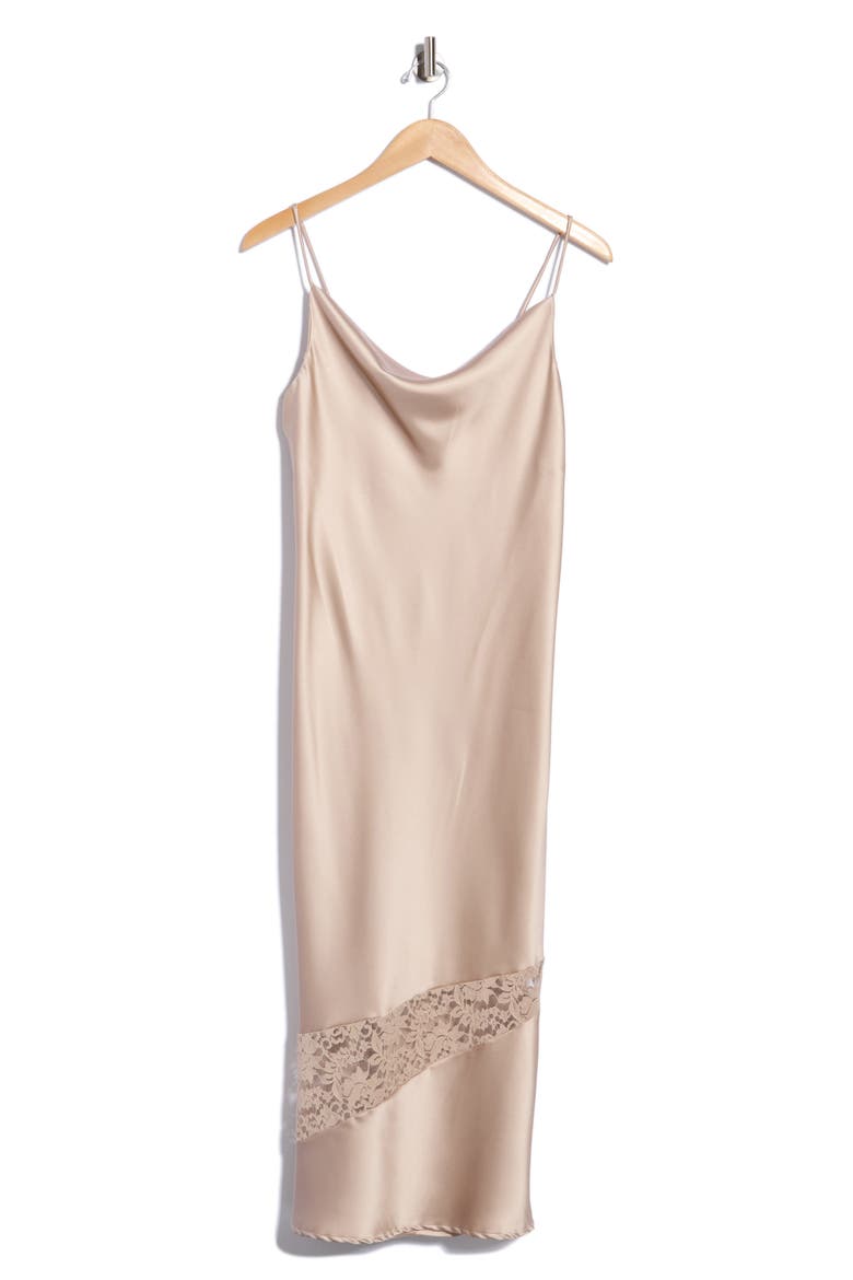 Satin and Lace Slip Midi Dress, Alternate, color, BEIGE