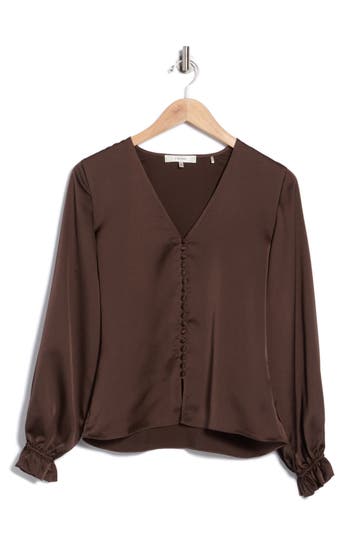 Frame Slim V-neck Blouse In Brown
