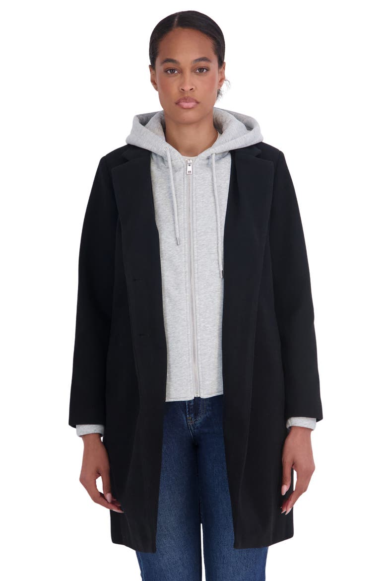 Faux Wool Single Breasted Coat with Hooded Bib, Alternate, color, BLACK