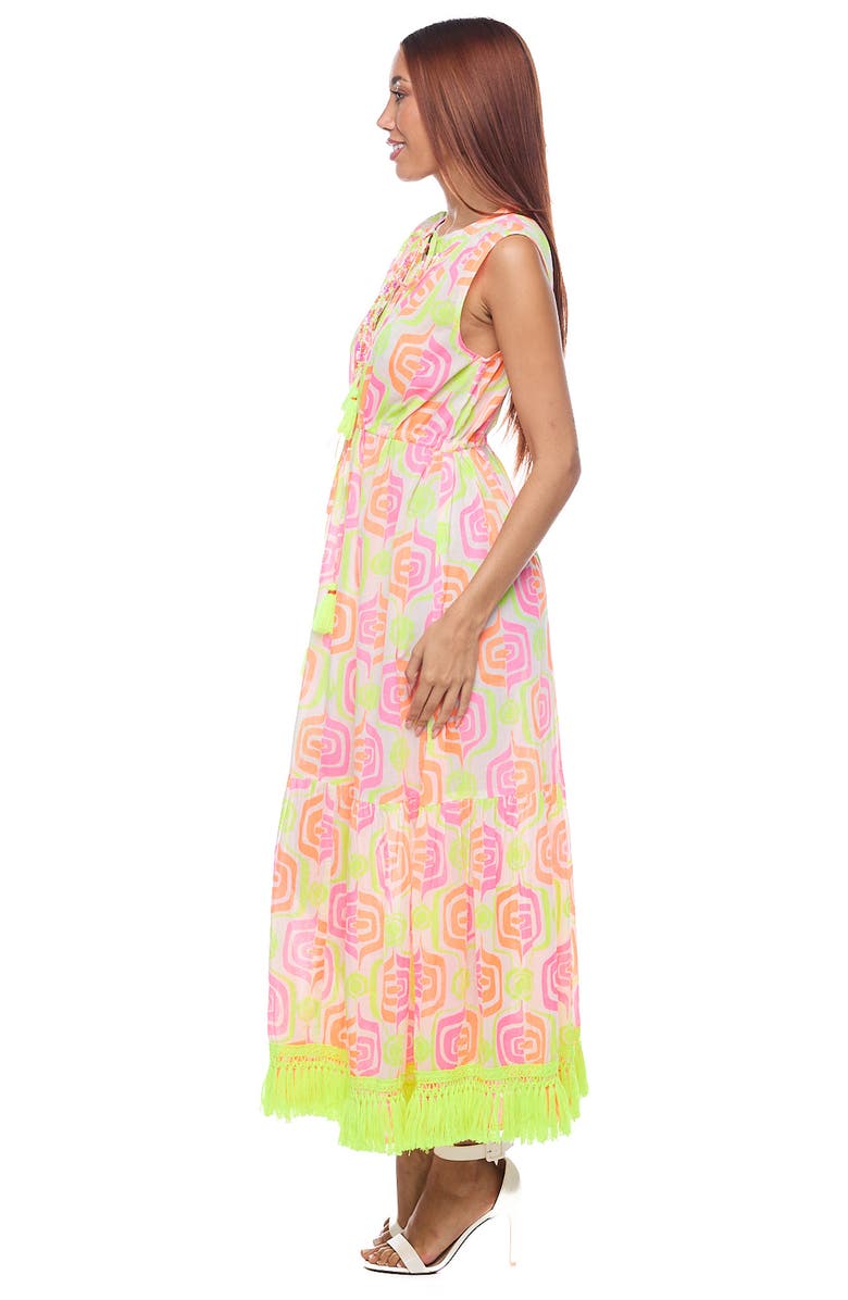 RANEES Tie Neck Fringe Trim Cotton Maxi Sundress, Alternate, color, Neon