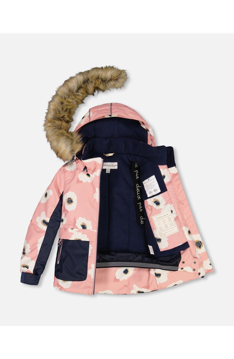 Deux par Deux Girl's Two Piece Snowsuit Allover Print Pink Printed Off White Flowers, Alternate, color, 