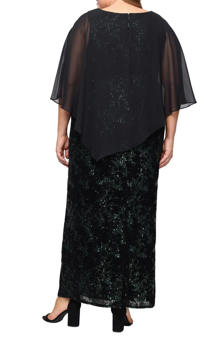 SL FASHIONS Chiffon Capelet Sequin Gown, Alternate, color, Black/Emerald