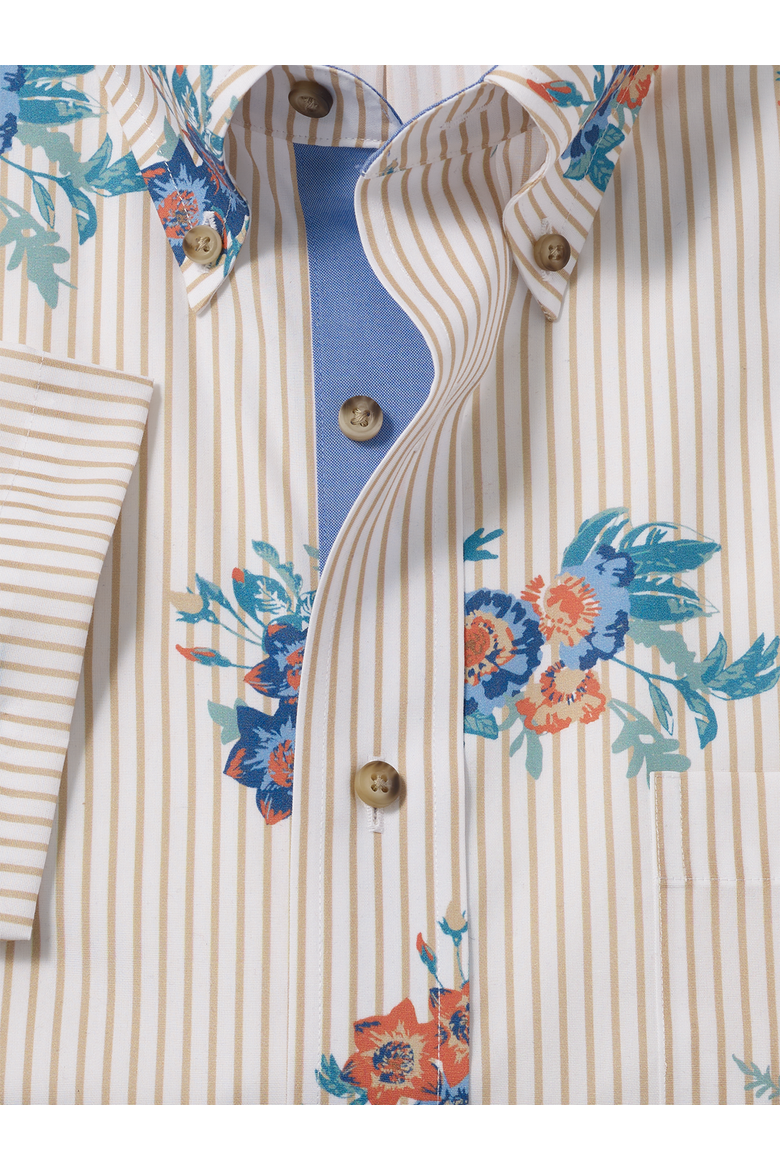 Cotton Buttondown Collar Poplin Classic Contrast Trim Hemmed Sleeve Short Sleeve Shirt, Alternate, color, Tan Multi