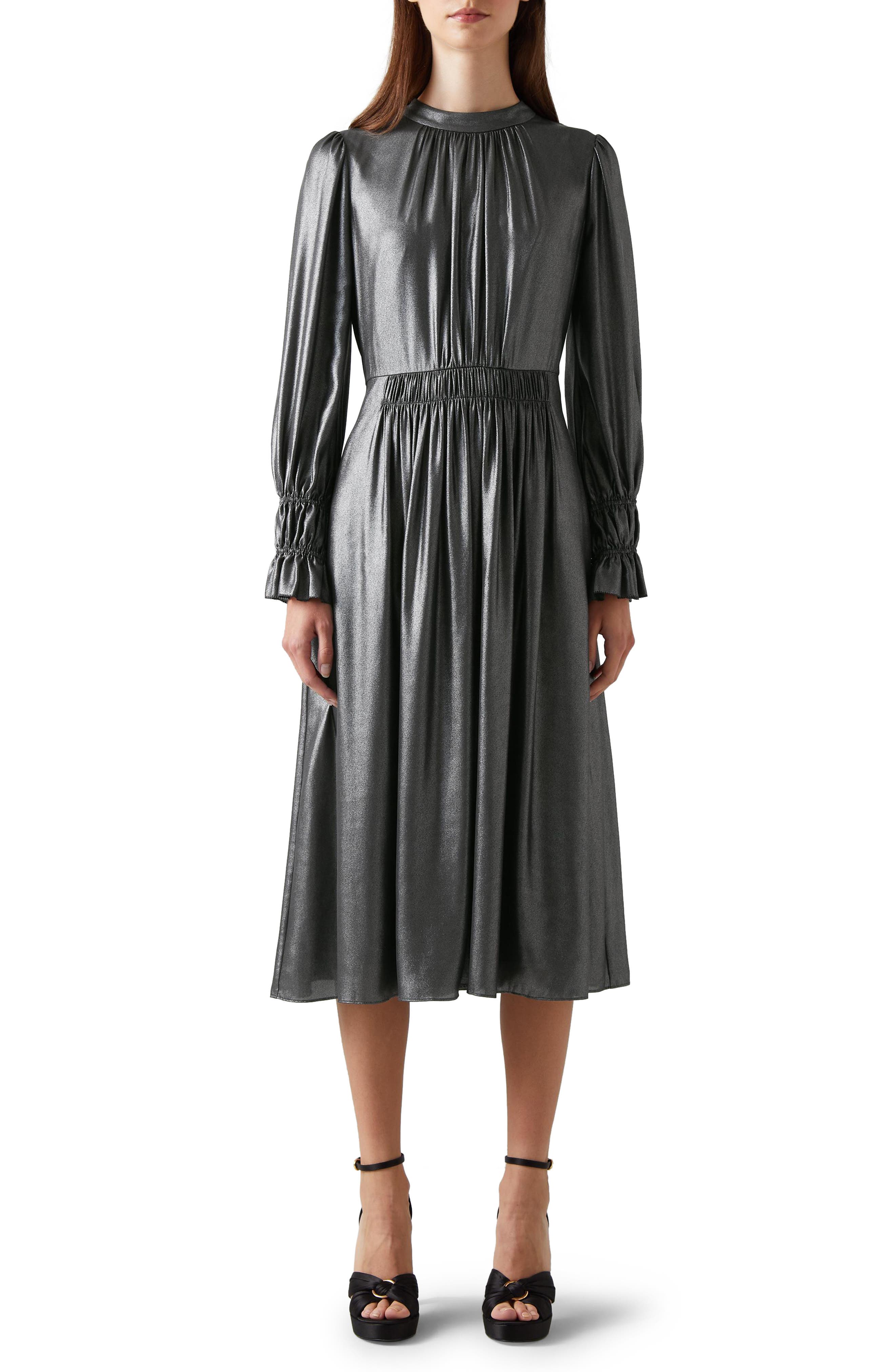 LK Bennett Louise Metallic Lamé Long Sleeve Midi Dress