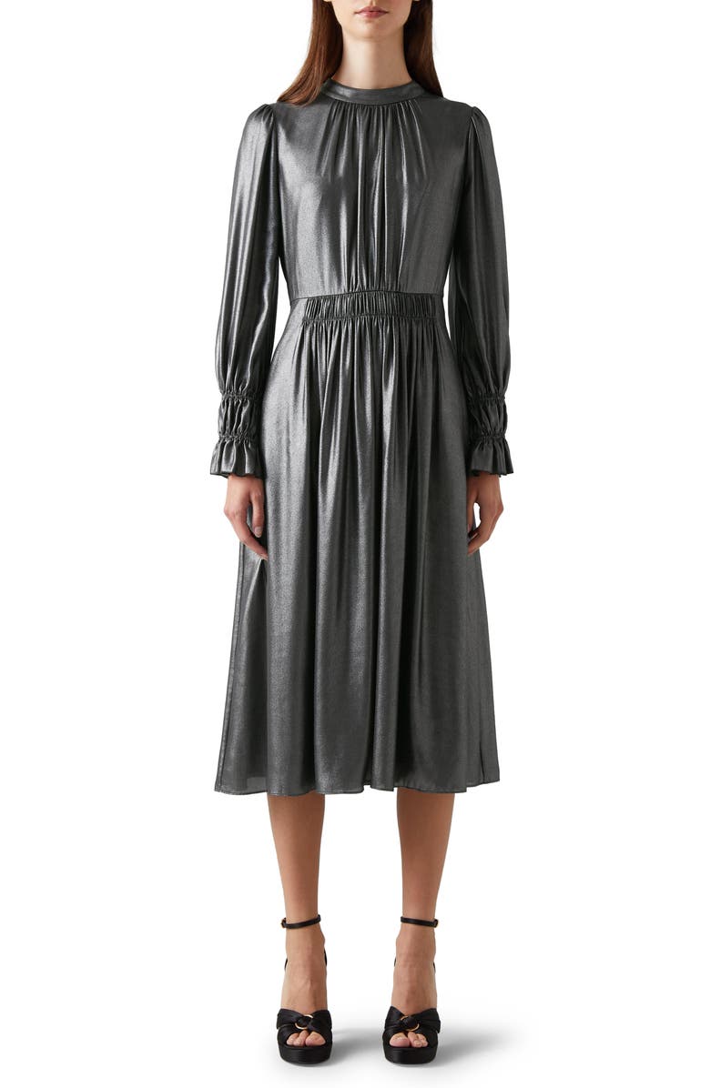 LK Bennett Louise Metallic Lamé Long Sleeve Midi Dress, Main, color,