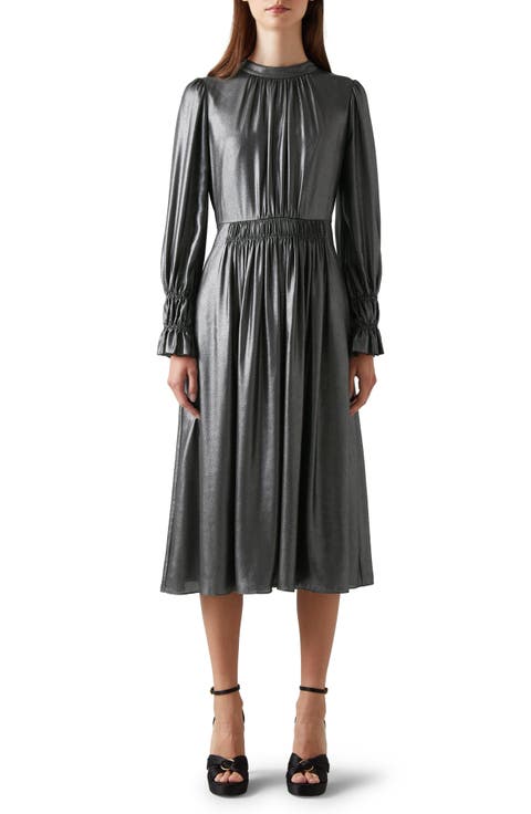 Louise Metallic Lamé Long Sleeve Midi Dress