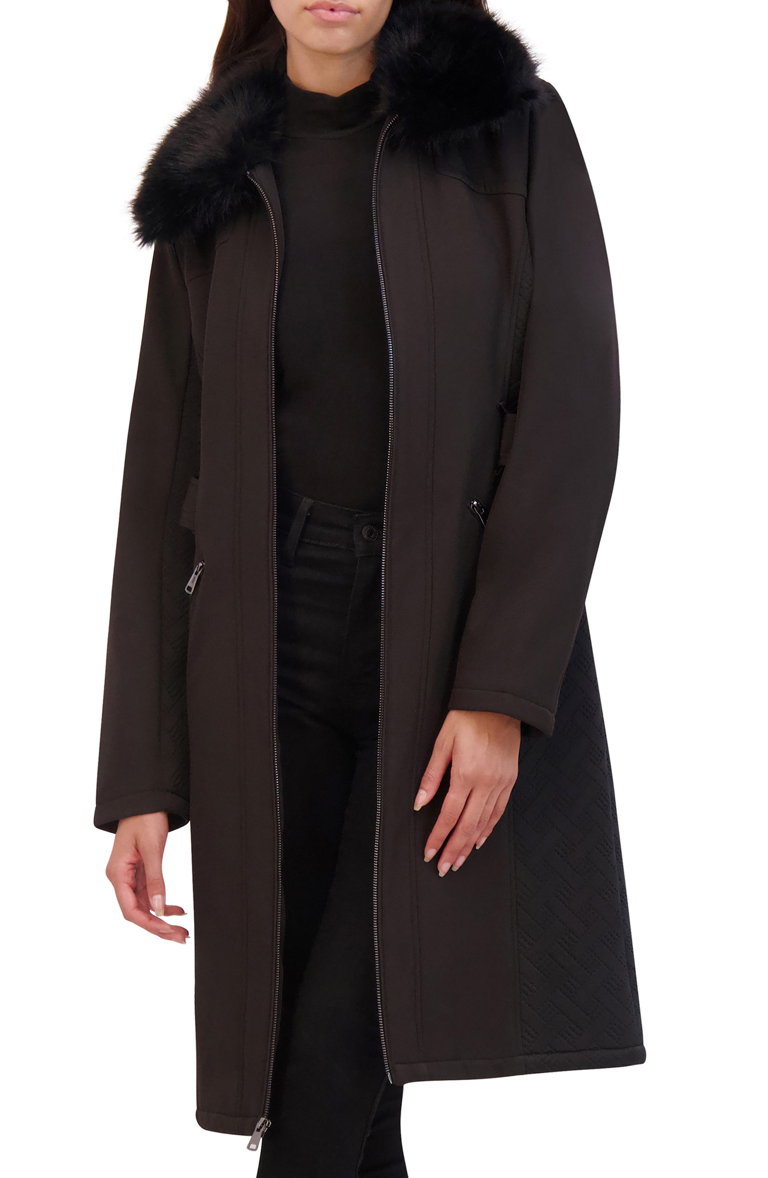 Kenneth Cole New York Belted Softshell Longline Coat with Faux Fur Trim