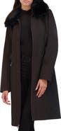 Kenneth Cole New York Belted Softshell Longline Coat with Faux Fur Trim