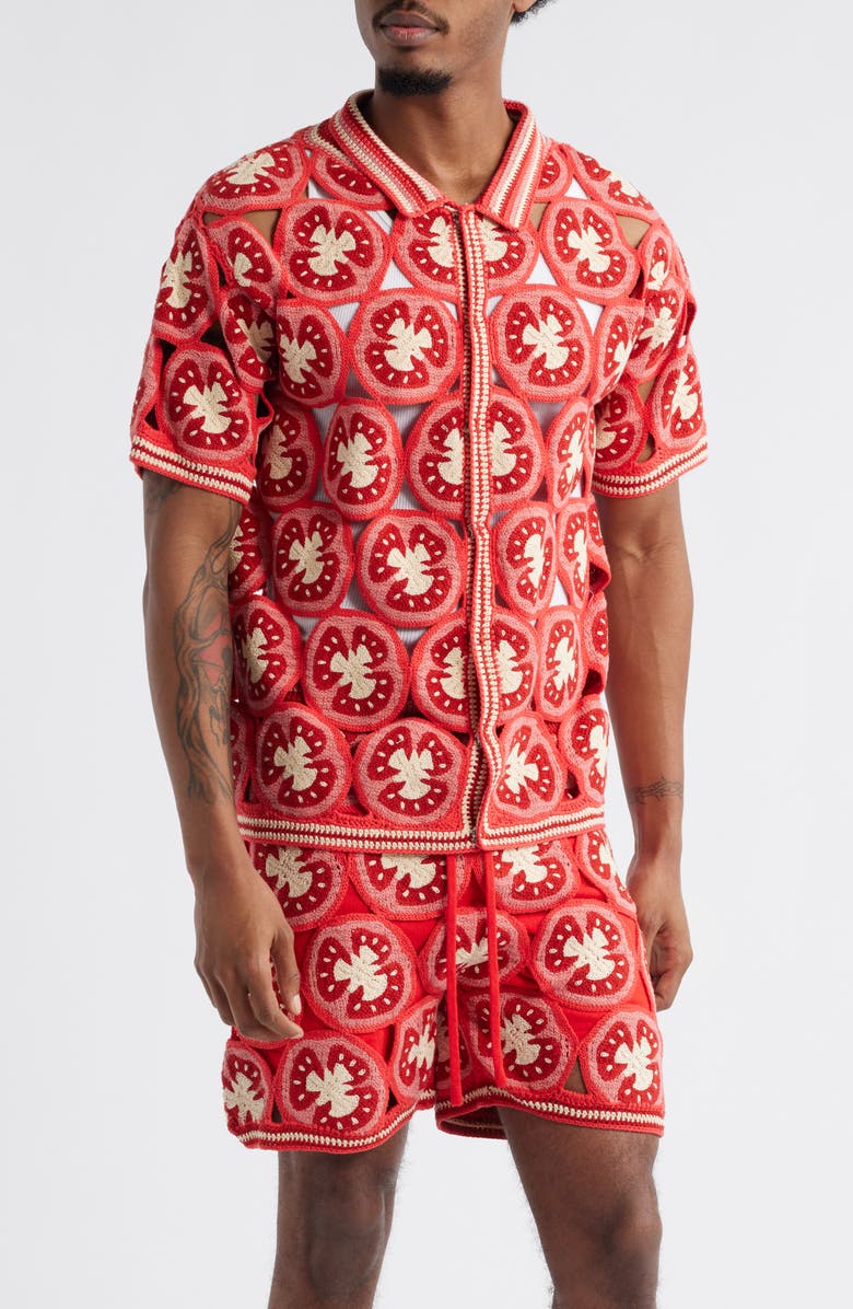 MAVRANS Ciao Medallion Crochet Short Sleeve Organic Cotton Snap-Up Shirt, Alternate, color, 