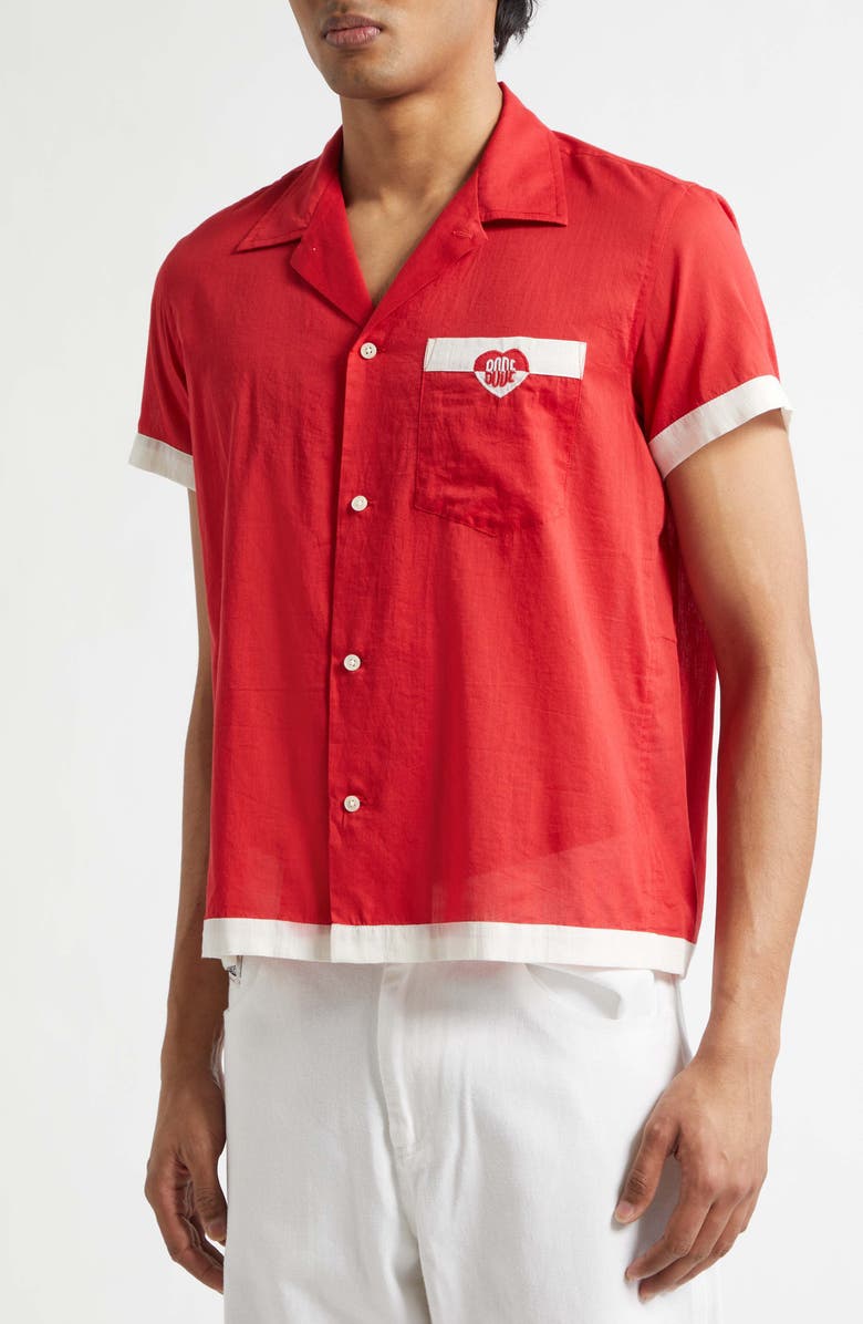 Bode Heart Deco Cotton Voile Camp Shirt, Alternate, color, Red White