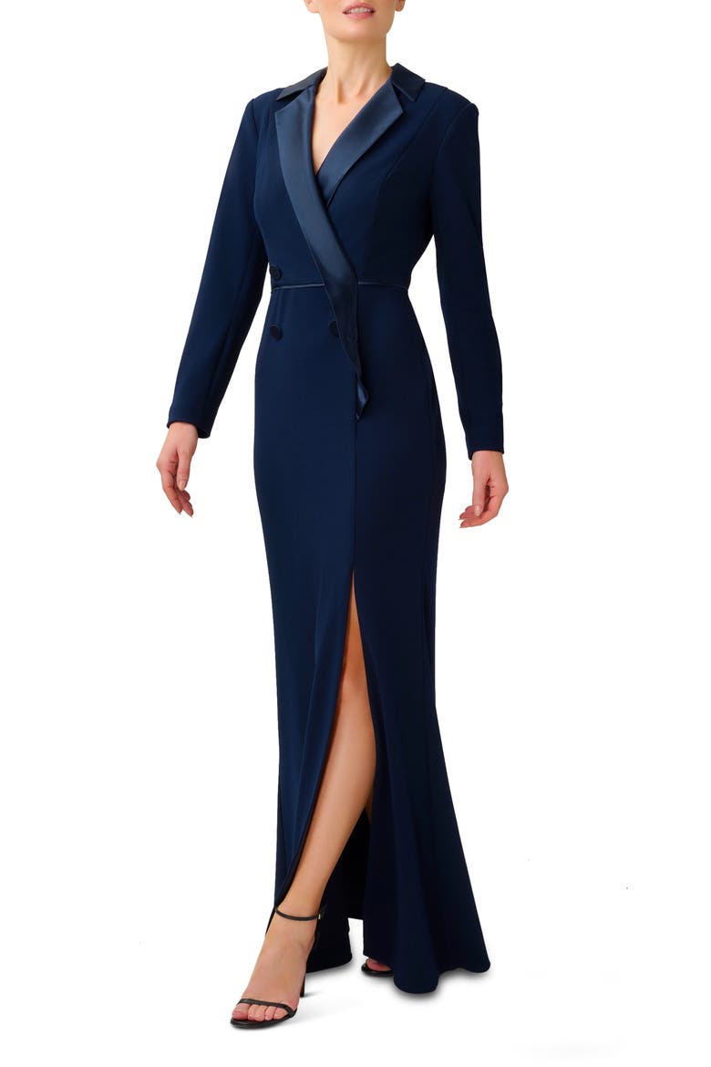 Crepe Long Sleeve Tuxedo Trumpet Gown, Alternate, color, MIDNIGHT