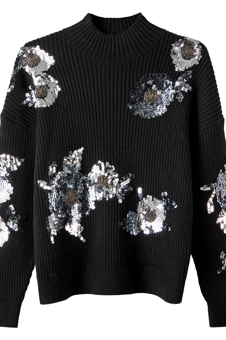 Mockneck Shimmer Sweater, Alternate, color, SILVER SEQUIN FLORAL