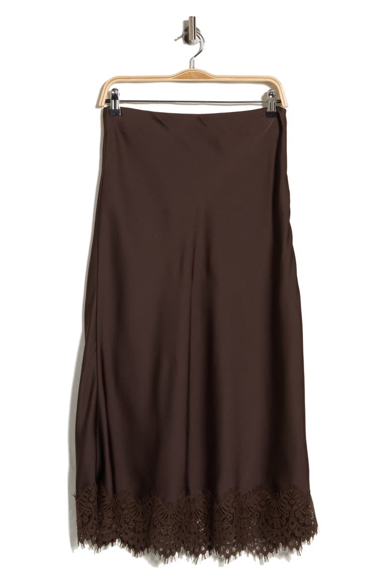 Lace Trimmed Satin Midi Skirt, Main, color, CALL ME CHOCOLATE