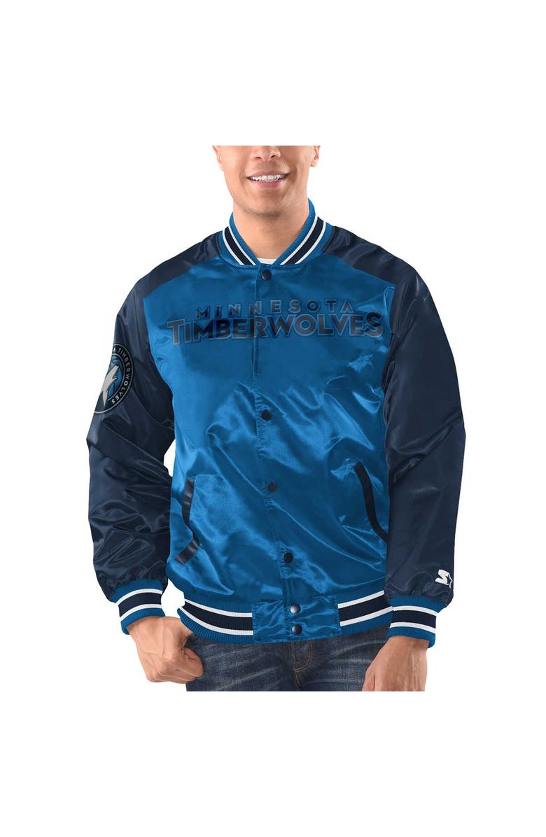 STARTER Men's Starter Blue/Navy Minnesota Timberwolves Renegade Satin Full-Snap Varsity Jacket, Main, color, Blue
