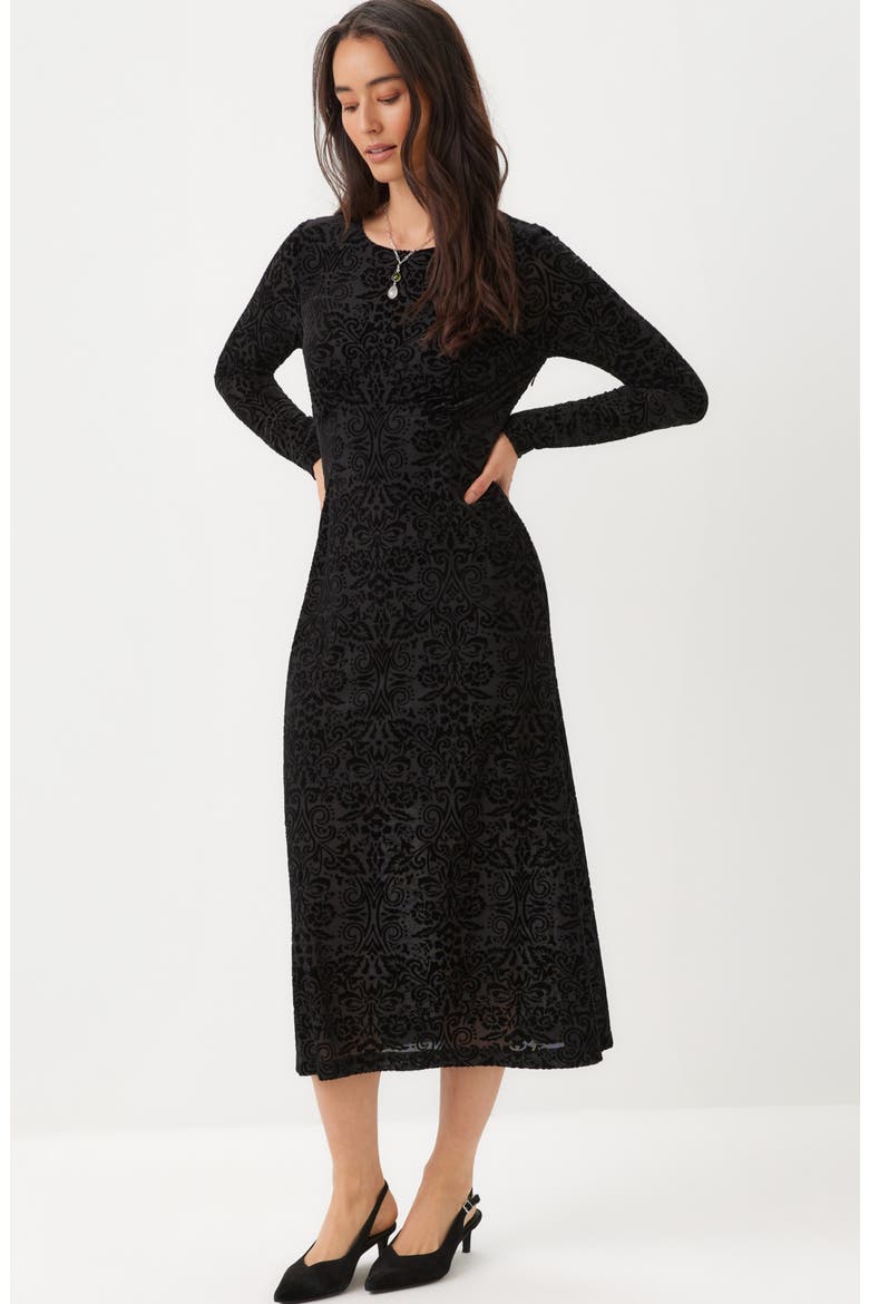 Velvet Burnout Midi Dress, Alternate, color, BLACK