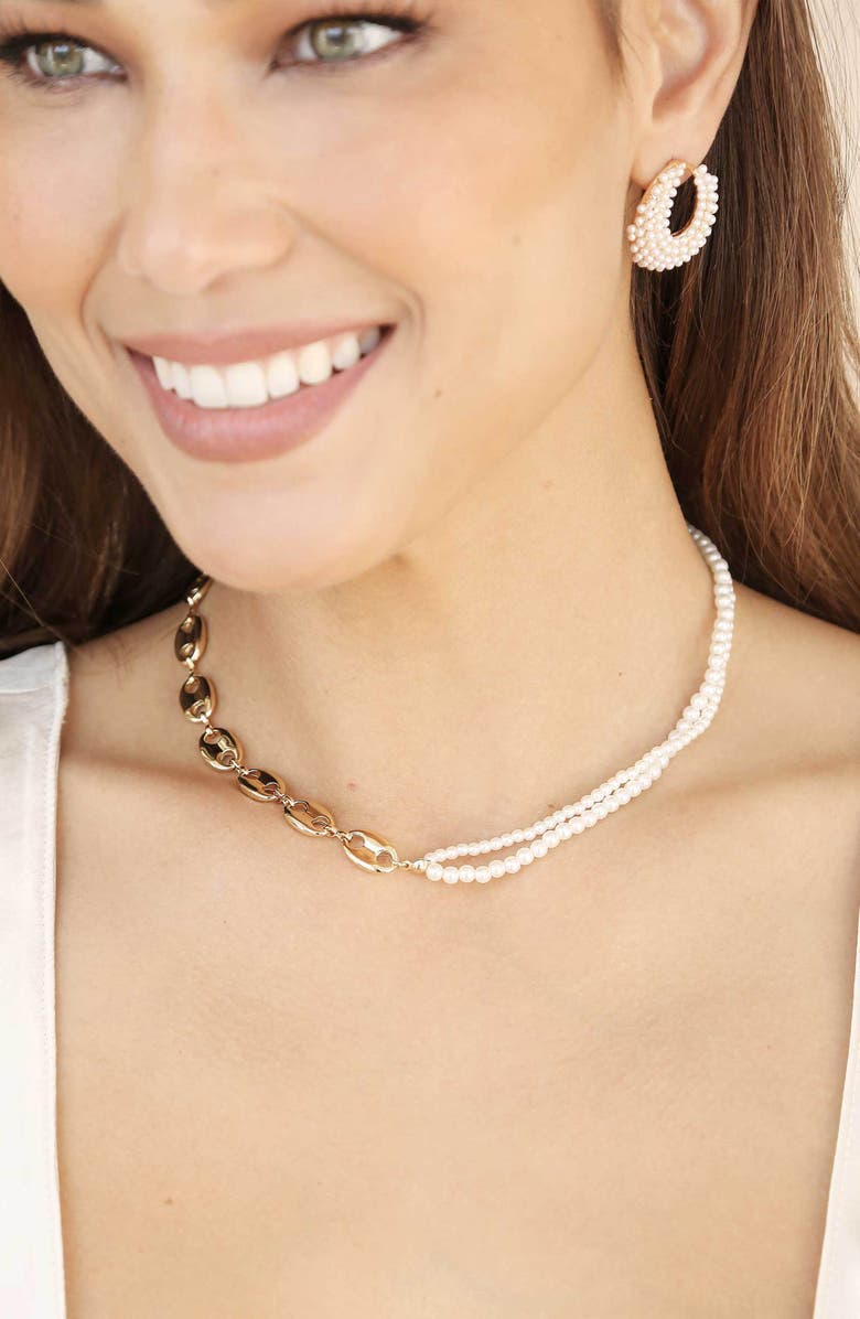 Ettika Imitation Pearl Earrings, Alternate, color, Gold