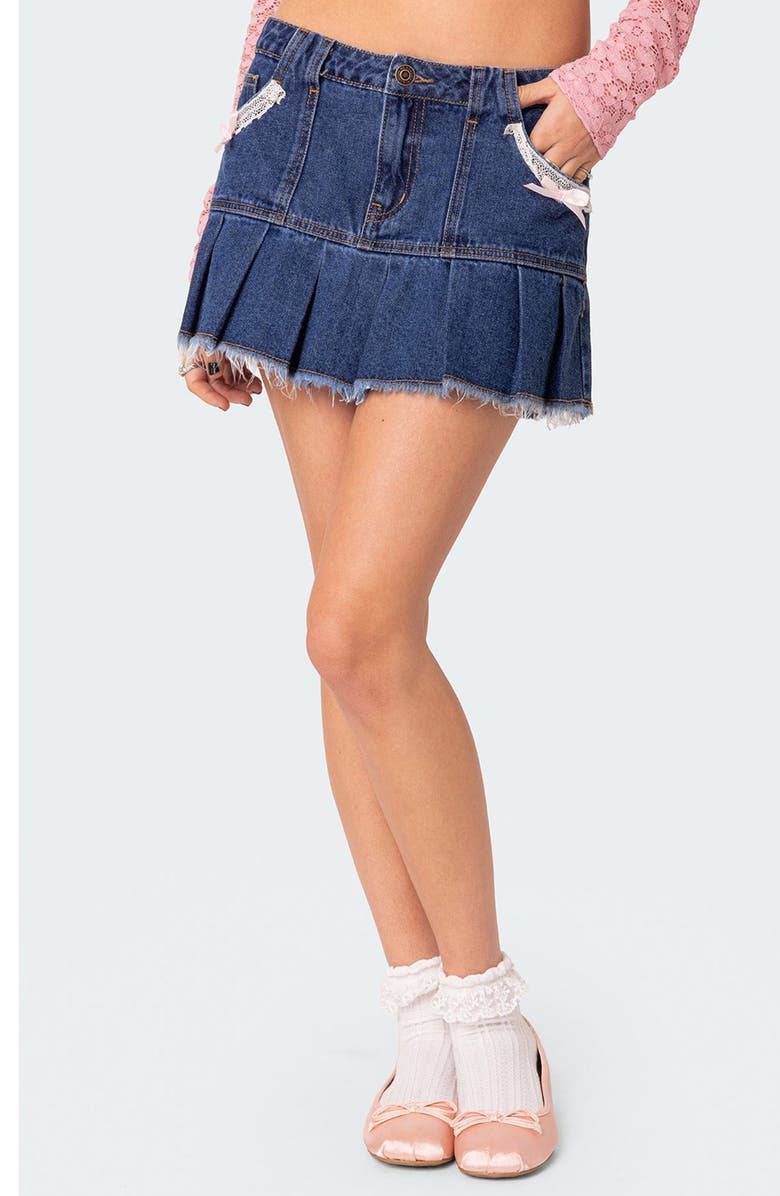 EDIKTED Katalina Pleated Denim Miniskirt, Main, color, 