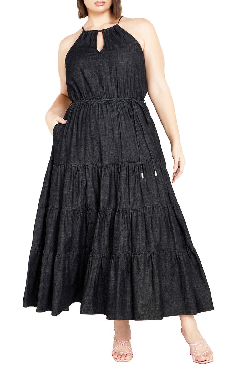 City Chic Hamptons Tie Waist Tiered Maxi Dress, Main, color, 
