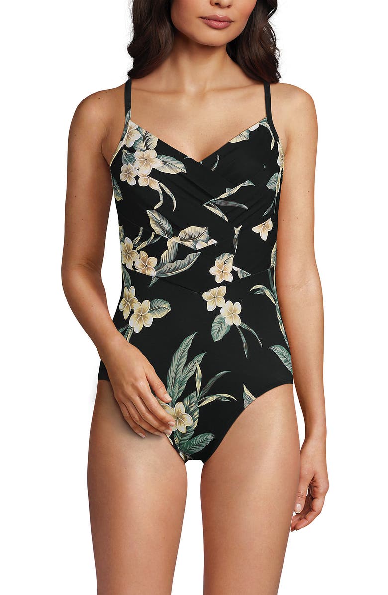 Lands' End Slender Suit V-neck Pleated X-back One Piece Swimsuit Adjustable Straps, Main, color,