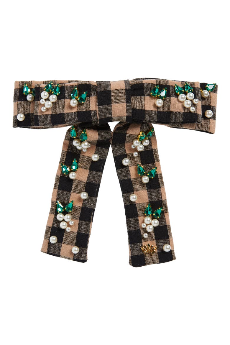 Antoinette Embellished Gingham Bow Hair Clip, Main, color, PICNIC CHECK