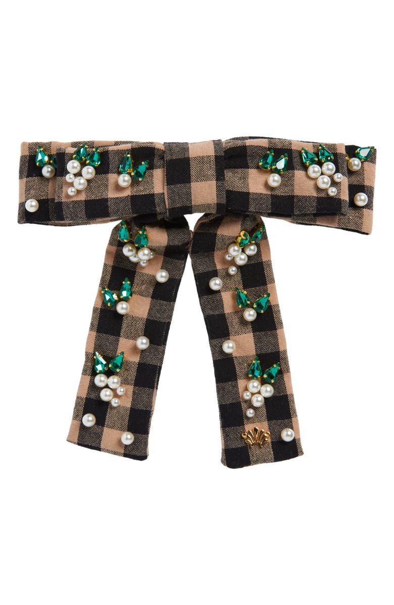 Lele Sadoughi Antoinette Embellished Gingham Bow Hair Clip, Main, color, 