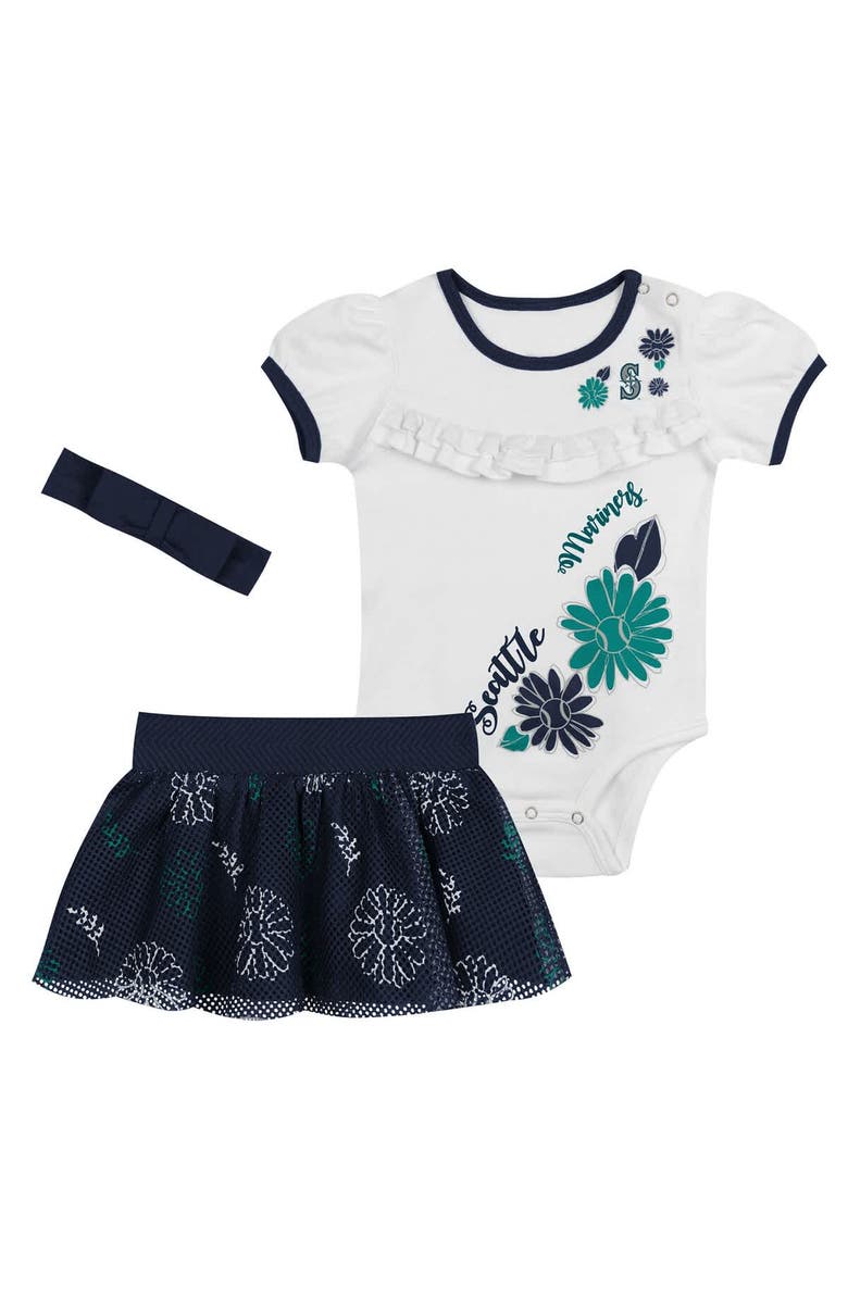 Outerstuff Newborn White/Navy Seattle Mariners Sweet Catcher 3-Piece Bodysuit, Headband and Skirt Set, Main, color, White