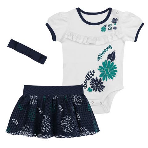 Newborn White/Navy Seattle Mariners Sweet Catcher 3-Piece Bodysuit, Headband and Skirt Set