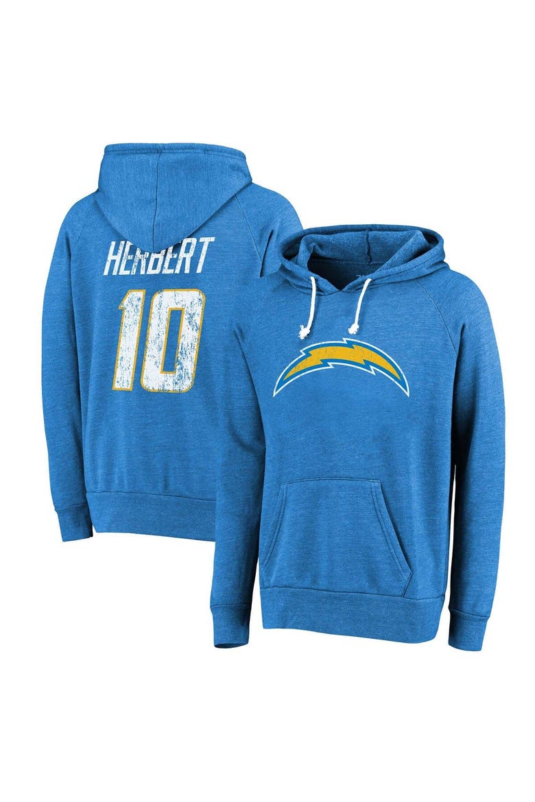 Men's Majestic Threads Justin Herbert Powder Blue Los Angeles Chargers Name & Number Tri-Blend Pullover Hoodie, Main, color, Powder Blue