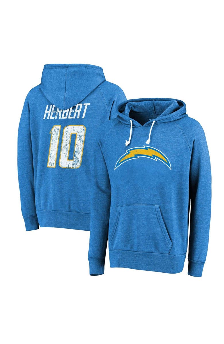 Majestic Threads Men's Majestic Threads Justin Herbert Powder Blue Los Angeles Chargers Name & Number Tri-Blend Pullover Hoodie, Main, color, Powder Blue