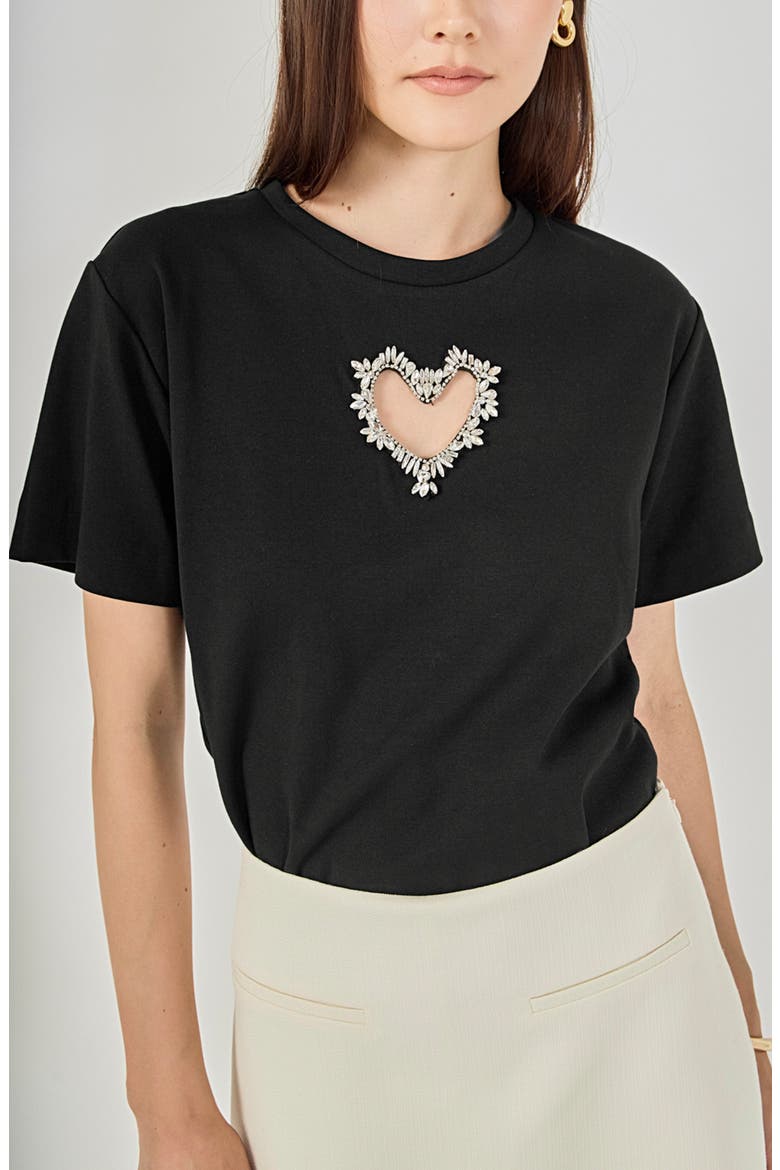 Rhinestone Trim Heart Cutout Relaxed Fit T-Shirt, Alternate, color, BLACK