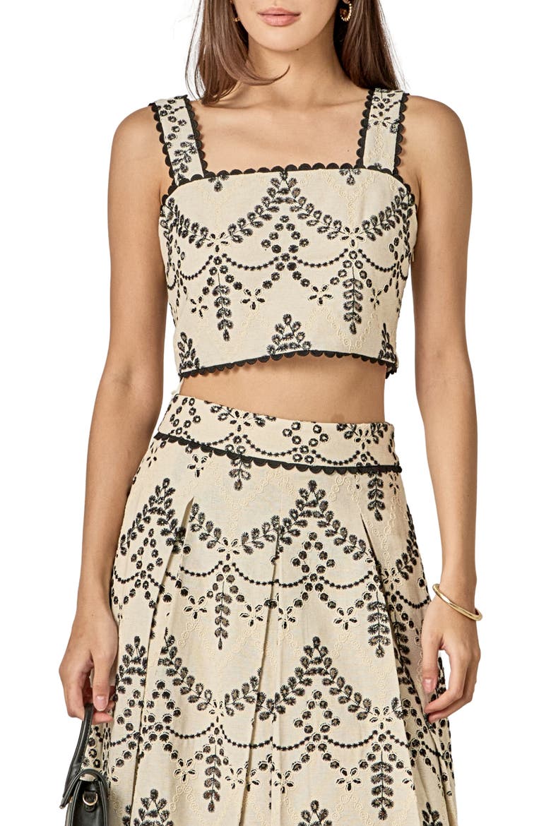 Embroidered Eyelet Crop Tank, Main, color, BEIGE/ BLACK