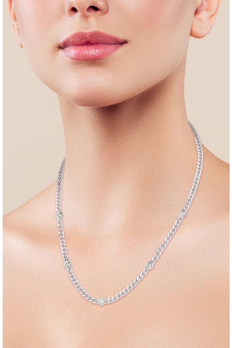 Cubic Zirconia Heart Station Curb Chain Necklace, Alternate, color, SILVER/WHITE