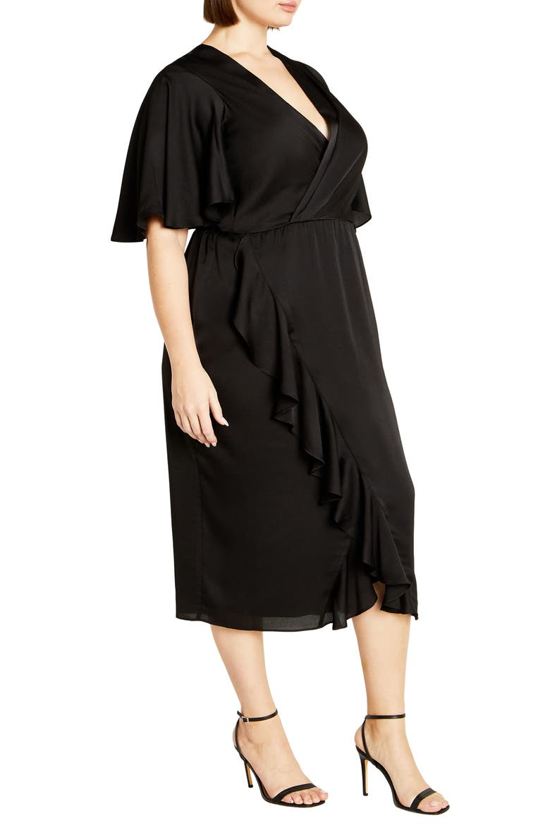 Holland Sateen Faux Wrap Midi Dress, Alternate, color, BLACK