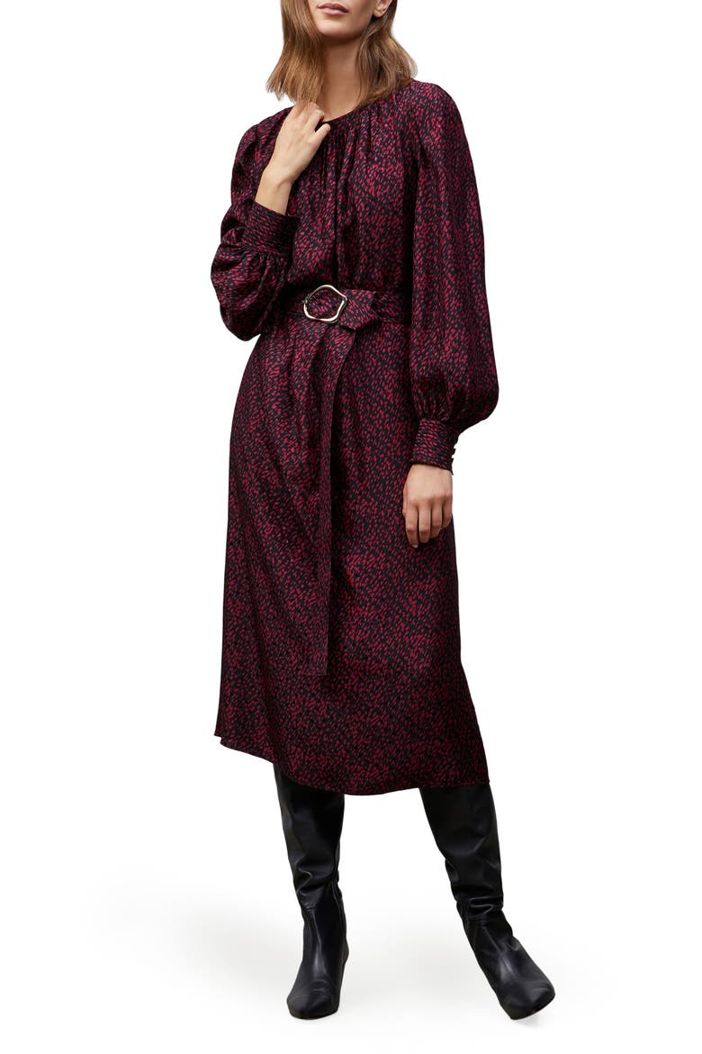 Iver Falling Dot Print Long Sleeve Silk Midi Dress, Main, color, HIBISCUS MULTI