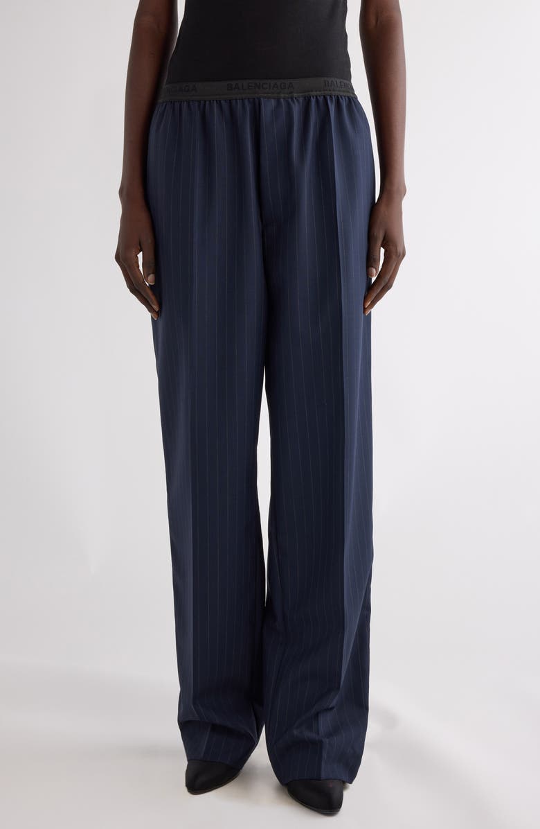 Balenciaga Pinstripe Wool Pull-On Pants, Main, color,