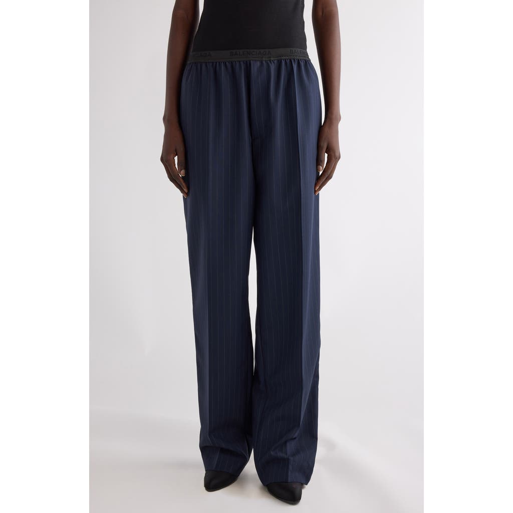 Balenciaga Pinstripe Wool Pull-on Pants In 4100 Dark Navy