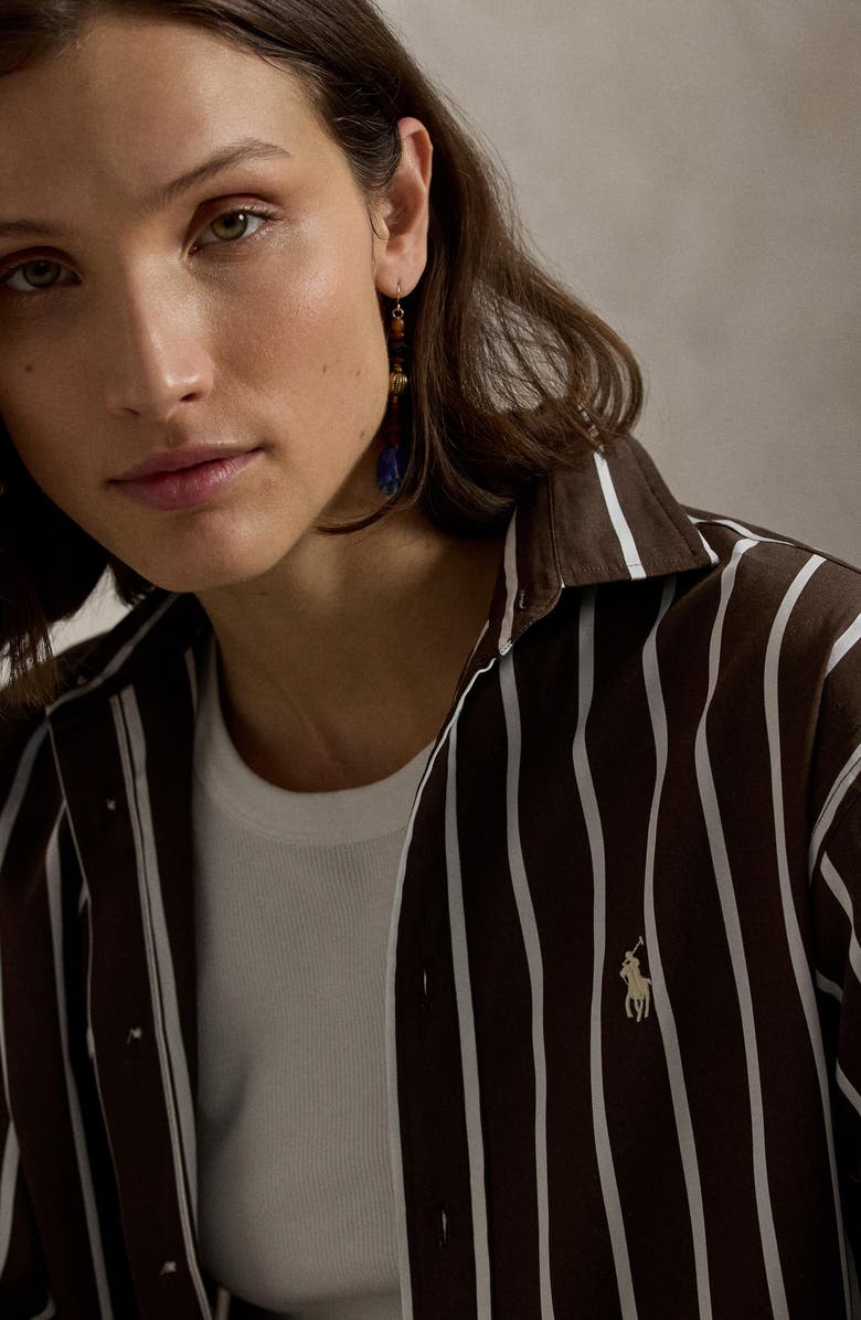 Polo Ralph Lauren Relaxed Fit Stripe Cotton Button-Up Shirt, Alternate, color, Dark Brown/ White