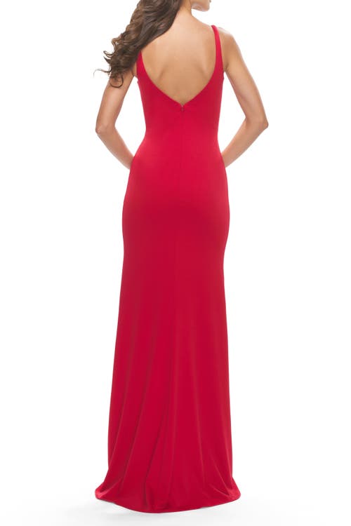 La Femme Simple Chic Long Jersey Gown With Square Neckline In Red