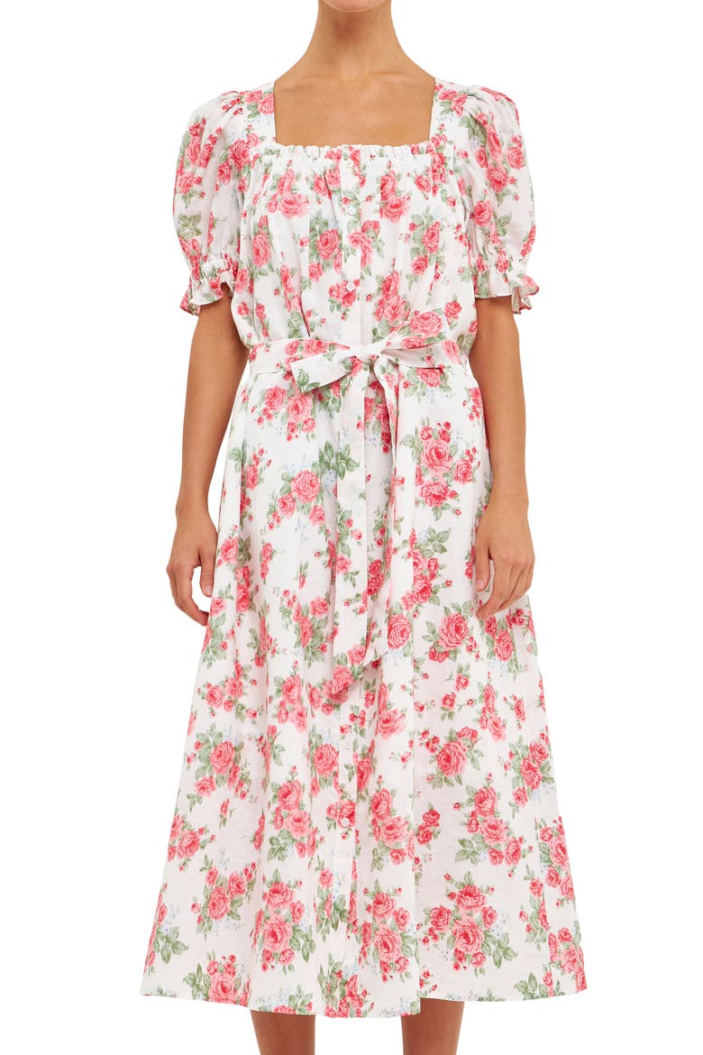 Floral Linen & Cotton Shirtdress, Alternate, color, IVORY