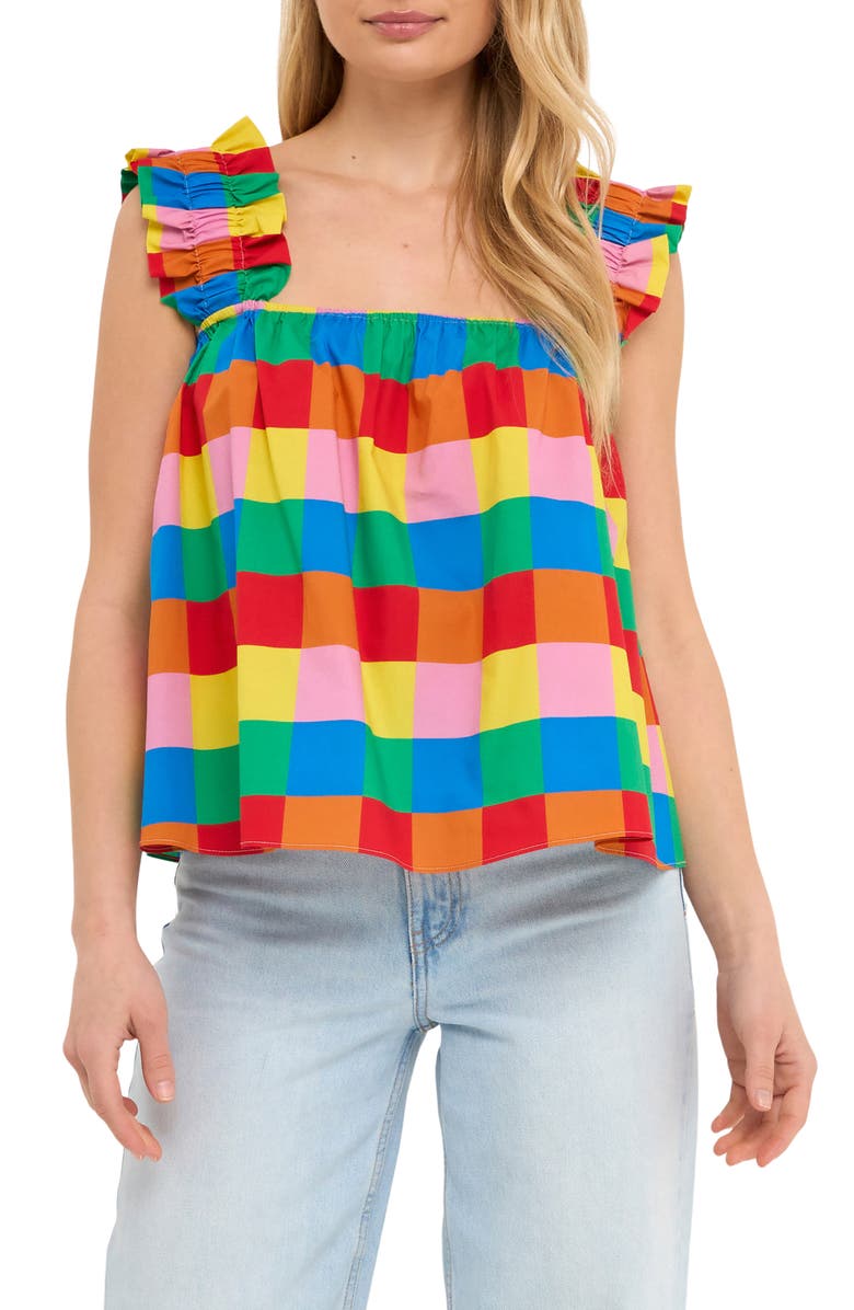 English Factory Rainbow Check Ruffle Strap Cotton Tank, Main, color, Multi