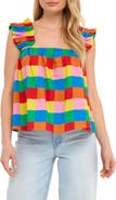 English Factory Rainbow Check Ruffle Strap Cotton Tank
