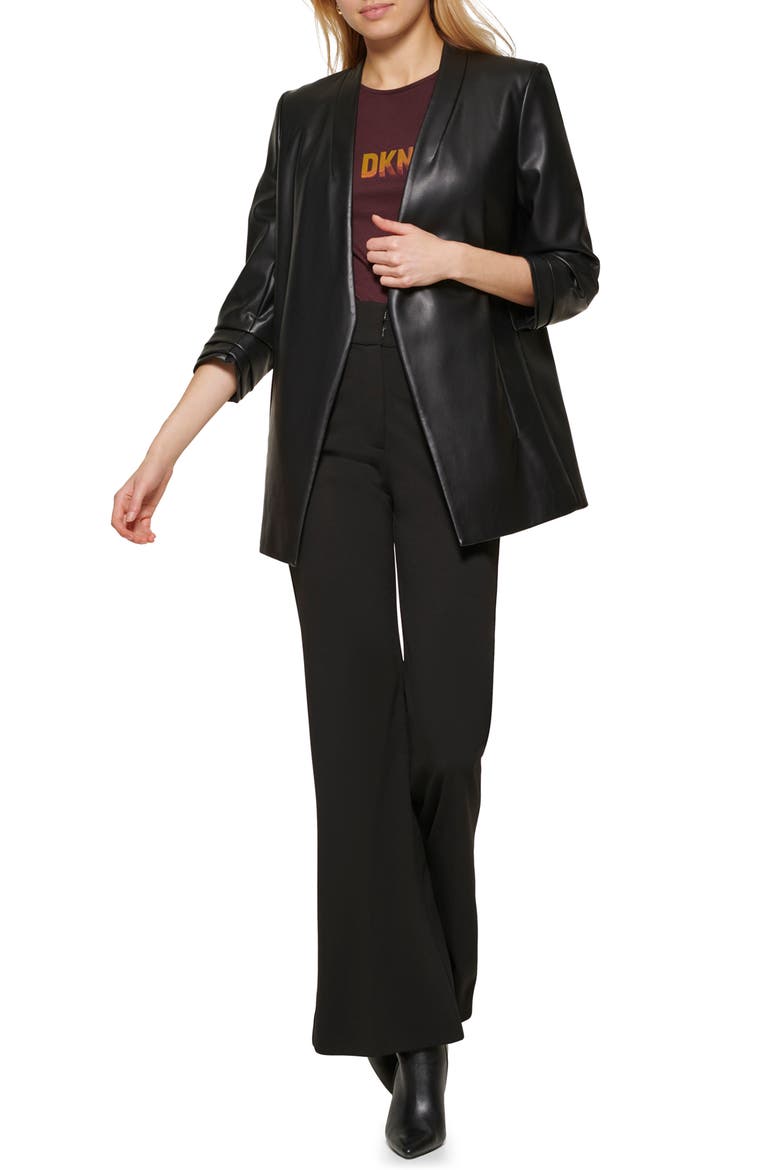 Ruched Sleeve Faux Leather Blazer, Alternate, color, BLACK