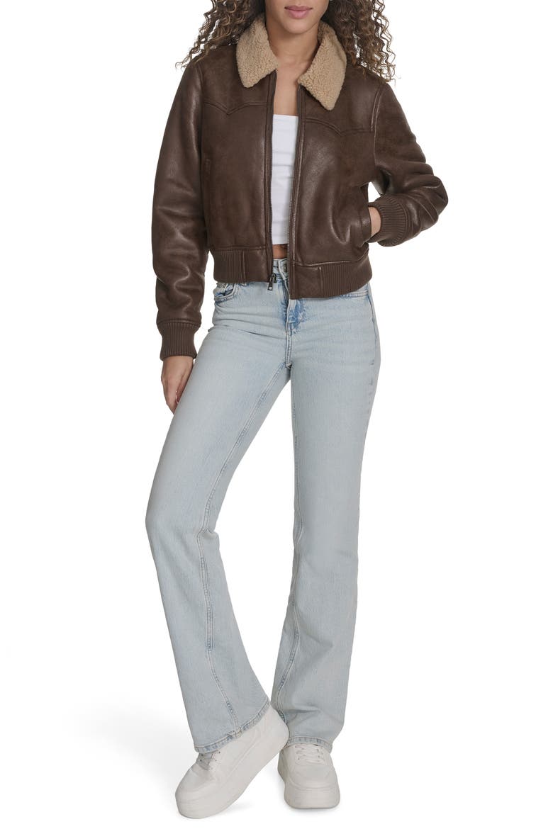 Faux Shearling Trim Faux Leather Western Bomber Jacket, Alternate, color, COFFEE