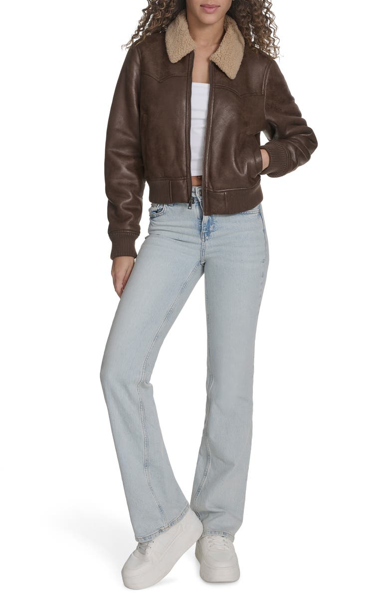 Levi's Faux Shearling Trim Faux Leather Western Bomber Jacket, Alternate, color, Coffee